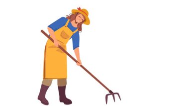 Çizgi filmdeki kadın çiftçi, tırmık ve kürekle