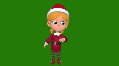 Noel Baba 'nın yeşil elbiseli, Noel şapkalı küçük şirin kızı.