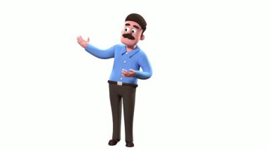 Bir şeyi işaret eden bıyıklı bir çizgi film karakterinin üç boyutlu resmi.