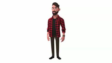 3 d, sakallı, bıyıklı, kırmızı kareli gömlekli ve siyah pantolonlu, beyaz bir arka planda izole edilmiş bir adamın çizimi.