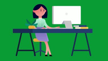 Ofiste çalışan bir kadın. düz tasarım vektör çizimi