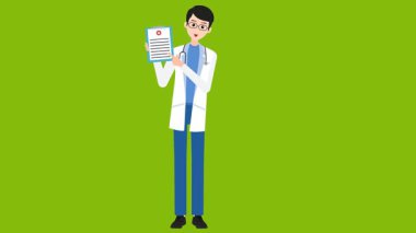 Beyaz önlüklü ve ceketli doktor elinde pano tutuyordu..