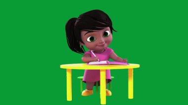 Masası ve sandalyesi tahtası ve masası olan karikatürcü kız.