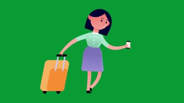 Bavulu ve kahvesi olan kız. vektör illüstrasyonu.