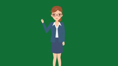 Gözlüklü ve eli elinde zarif takım elbiseli bir kadın. İş adamları. Vektör. düz resimleme.