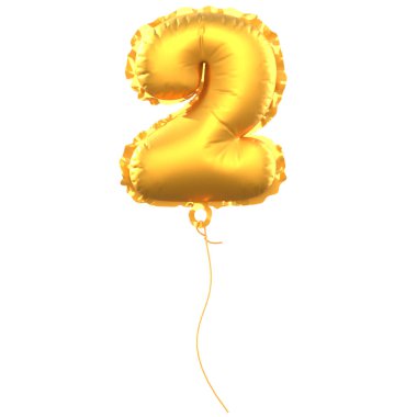 2 numaralı balon, altın balon, beyaz arka planda izole edilmiş.