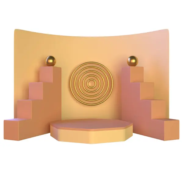 Altın podyumun sahne arka planına sahip soyut 3 boyutlu canlandırması.