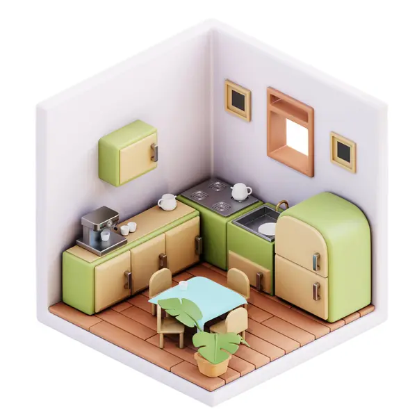 Modern oturma odasının içi. izometrik görünüm 3d oluşturma