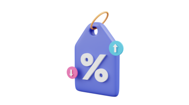 Beyaz arkaplanda yüzde işareti olan 3 boyutlu alışveriş torbası oluşturma.