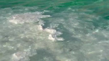 Sakin yeşil suya karışan pürüzsüz tuzlu kabuk, yüzeyde yansıyan yumuşak ışık katı tuz ve durgun sıvı arasındaki doğal karşıtlığı vurgular..