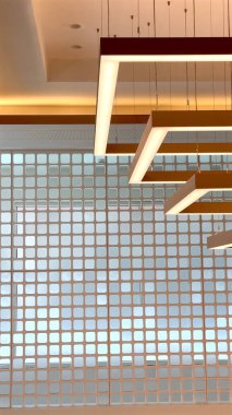 Geometrik aydınlatma, modern ışıklandırma simetrisindeki mimari kesinliği vurgulayan dikdörtgen ışıkların temiz çizgilerini yapılandırdı. 