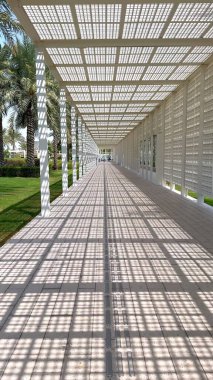 Yürüyüş yolunda hareket var. Geometrik desenlerin bütünleşmesi ve gölgelerle mimari simetri, yandaki palmiyeler tarafından çerçevelenmiş, dinamik ışık etkileşimi yaratır. Modern Şehir Mimarisi 