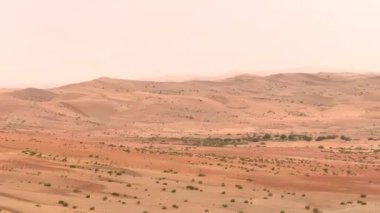 Güneşli çöl, küçük çalılara yayılmış. Kum, kumların rengini ışıkla değiştiriyor. Kehribardan derin kehribara. 