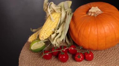 Mısırlı balkabağı, domatesler sonbahar hasat havasını çağrıştırıyor. Limon ferahlatıcı bir dokunuş katıyor, kırsal festival atmosferini geliştiriyor, rahat mevsimlik dekorlar için ideal, kapalı alanlarda sıcak sonbahar buluşmaları.