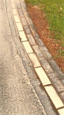 Çimen asfalt doğal büyüme alanı arasında kontrast oluşturur. Yıpranmış kaldırım kenarı yanında çalışır, açık hava çevresi içinde görünen kentsel dokuyu ekler.