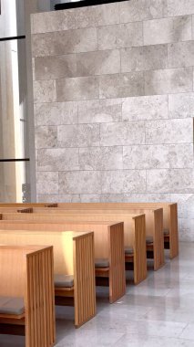 Abu Dhabi, UAE - September 8, 2024:Prayer hall filled with rows of wooden benches, expansive ceiling invites peaceful prayer Timeless wood design connects tradition with modern spiritual experiences clipart