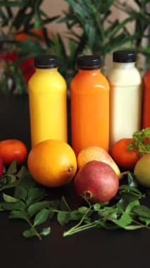  Limon, portakal ve mango ile çevrili parlak meyve suyu şişeleri organik vitrin oluşturur. Eko ayarı sağlığa teşvik eder, besin seçimlerinde eko seçeneklerinin altını çizer.