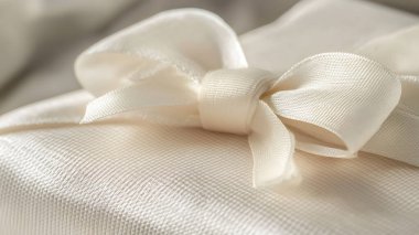 A close-up of a beautifully wrapped gift with a delicate cream b clipart