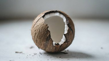 Çatlak bir hindistan cevizi iç kabuğunu ve beyaz etini gösteriyor..