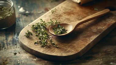 Kesme tahtasına otlar konmuş ahşap bir kaşık.