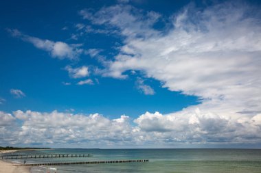 Penisula Darss 'ın güzel sahil manzarası, Mecklenburg Vorpommern, Almanya Bulutlu mavi gökyüzü