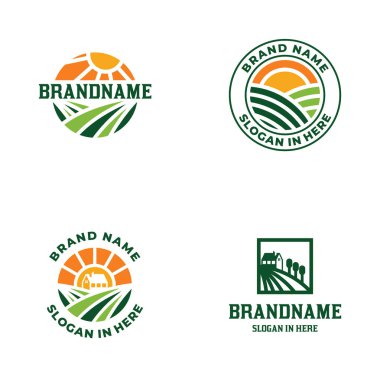 Çiftlik Logosu Koleksiyonu, güneş ve alan elementleriyle birlikte dört tarım temalı logo seti..
