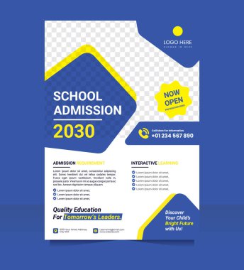 Okul kayıt için mavi ve sarı temalı modern okul giriş ilanı, mavi ve sarı renkli göz alıcı broşür..