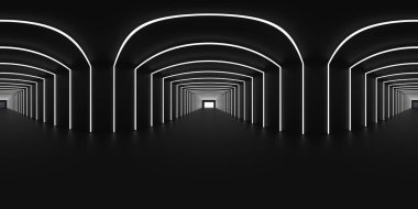 8K HDRI haritası, neon ışıkları olan arabalar için tünel içi boş siyah ve beyaz ışıklı iç mekan. 3d oluşturma