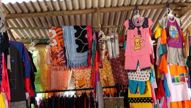 Yogyakarta, 16 April 2017. Atmosphere of selling batik and child clothes side of the road, Yogyakarta city Indonesia clipart