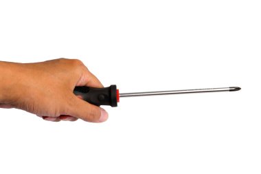 Bir işçi, inşaatçı, tamirci, tamirci, beyaz arka planda izole edilmiş yıldız tornavidayla el ele..