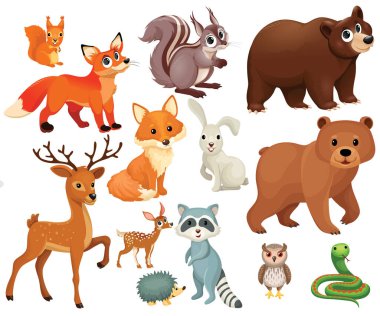 Forest animals set. Woodland fauna, bear, fox, badger, hare and boar. Wildlife mammals, elk, beaver, wild birds, lynx. Woods inhabitants. Flat graphic vector illustrations isolated on white background clipart