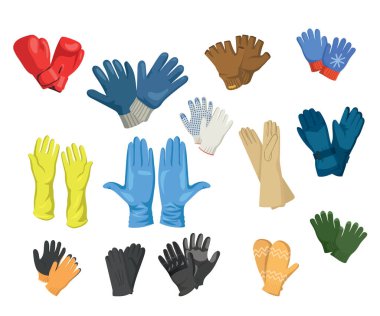 Çizgi film Rengi Farklı Eldiven Simgeleri Konsept Düz Tasarım Biçimini Ayarladı. Eldiven ve Mitten Çifti Simgesinin Vektör illüstrasyonu