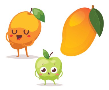 Bir dizi retro çizgi film karakteri. Çilek, karpuz, kiraz, kayısı, elma, mango, ahududu, muz maskotu. Vintage vektör illüstrasyonu.