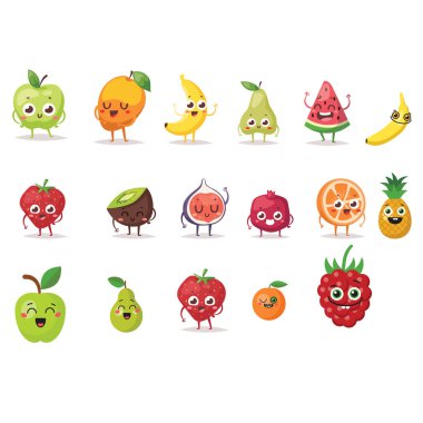 Şirin meyveler, gülen meyveli yüzler seti. Düz çizgi film çizim simgelerinin vektör kümesi. Beyaz arkaplanda izole.