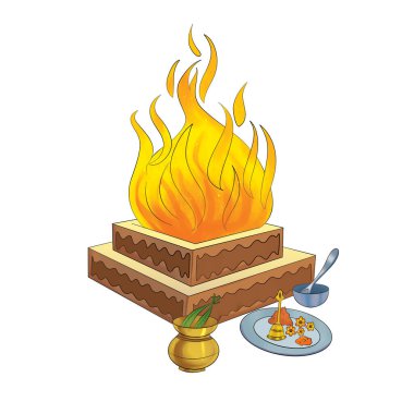 Havan, hindu religion spiritual fire vector illustration clipart