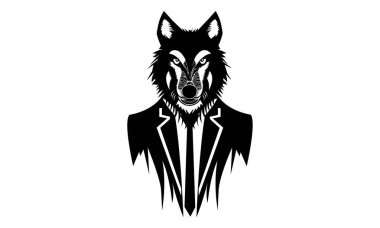 Wolf In tuxedo suit - Wolf face silhouette, outline clipart