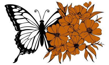 Intricate butterfly and floral bouquet vector line art  Ideal for graphic design, tattoo patterns, and coloring book pages clipart