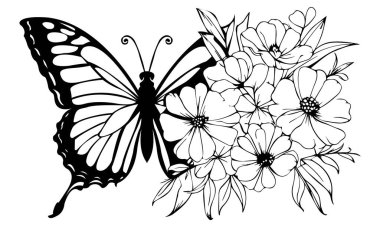 Intricate butterfly and floral bouquet vector line art  Ideal for graphic design, tattoo patterns, and coloring book pages clipart