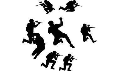 Paintball player silhouettes, paintball sports, soldier, army, police, paintball guys, paintball army, players designs, logo, clipart, artwork. Different poses of people playing with weapons. clipart