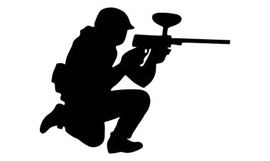 Paintball player silhouettes, paintball sports, soldier, army, police, paintball guys, paintball army, players designs, logo, clipart, artwork. Different poses of people playing with weapons. clipart