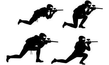 Paintball player silhouettes, paintball sports, soldier, army, police, paintball guys, paintball army, players designs, logo, clipart, artwork. Different poses of people playing with weapons. clipart