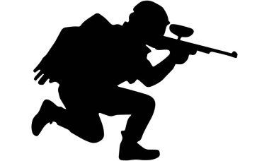 Paintball player silhouettes, paintball sports, soldier, army, police, paintball guys, paintball army, players designs, logo, clipart, artwork. Different poses of people playing with weapons. clipart