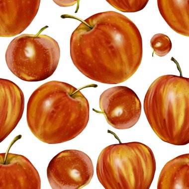 Lezzetli kırmızı elmalarla kusursuz desen. Farklı boyutlarda meyveler. Geçmişi yok. Suluboya çizimi. 