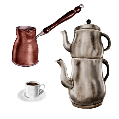Türk yemekleri seti. Samovar, kahve demliği, fincan ve çay tabağı. Porselen kahve fincanı. Metal çatal bıçaklar. Çay ve kahve hazır. Suluboya çizimi. 