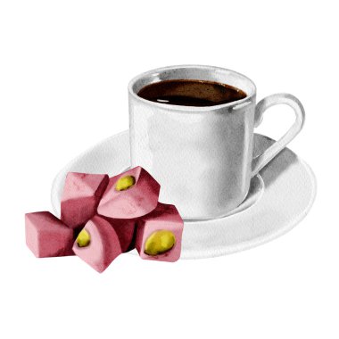 Bir fincan kahve. Camdan ya da porselenden yapılmış bir çift kahve. Sade kahve, espresso. Türk lezzeti. Lokum ve kahve. Suluboya çizimi. 