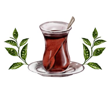 Türk çayı. Bir bardak çay ve çay tabağı. Bardakta bir çay kaşığı var. Türkiye gelenekleri. Bir çay bitkisinin filizi. Birkaç yeşil yaprak. Güzel kokulu siyah çay. Suluboya çizimi. Arkaplan yok. 