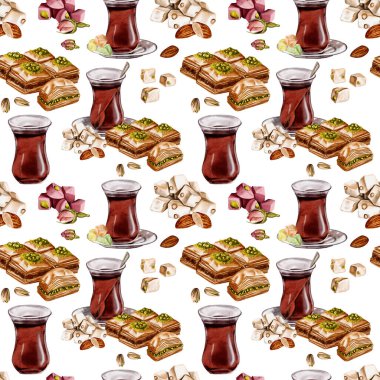 Türk çayıyla kusursuz desen. Bardakta çay, baklava ve lokum. Fındık ve tatlı. Arkaplansız suluboya resimleme. 