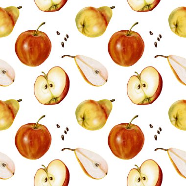 Armut ve elmalı desen. Küçük dallı meyveler. Armut yeşil ve sarıdır. Elma kırmızıdır. Olgun, büyük, sulu ve lezzetli meyveler. Suluboya çizimi. 