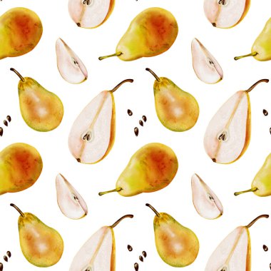 Bütün armut ve parçaların deseni. Sarı ve yeşil renkli meyveler. Lezzetli meyve. Suluboya çizimi. Arkaplan yok. 