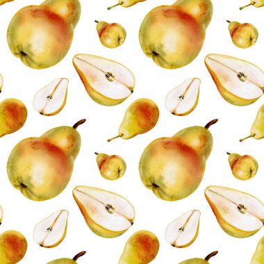 Bütün armut ve parçaların deseni. Sarı ve yeşil renkli meyveler. Lezzetli meyve. Suluboya çizimi. Arkaplan yok. 